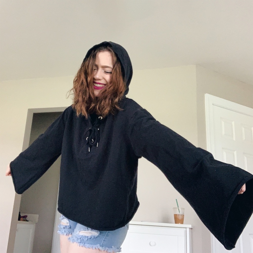 cute witch batwing goth sexy lace up hoodie